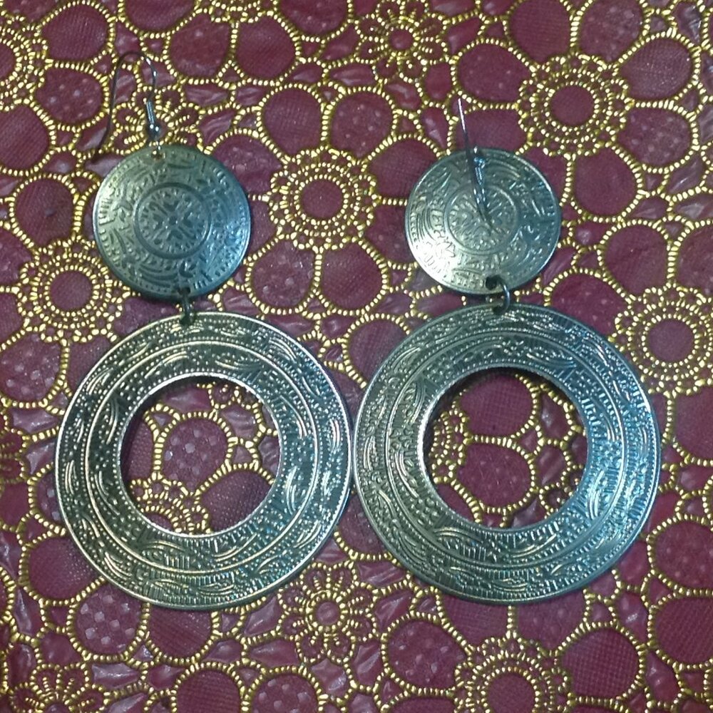 **Sale** Vintage Rare Berber Style Silver Tone Large Dangle Pierced Earrings